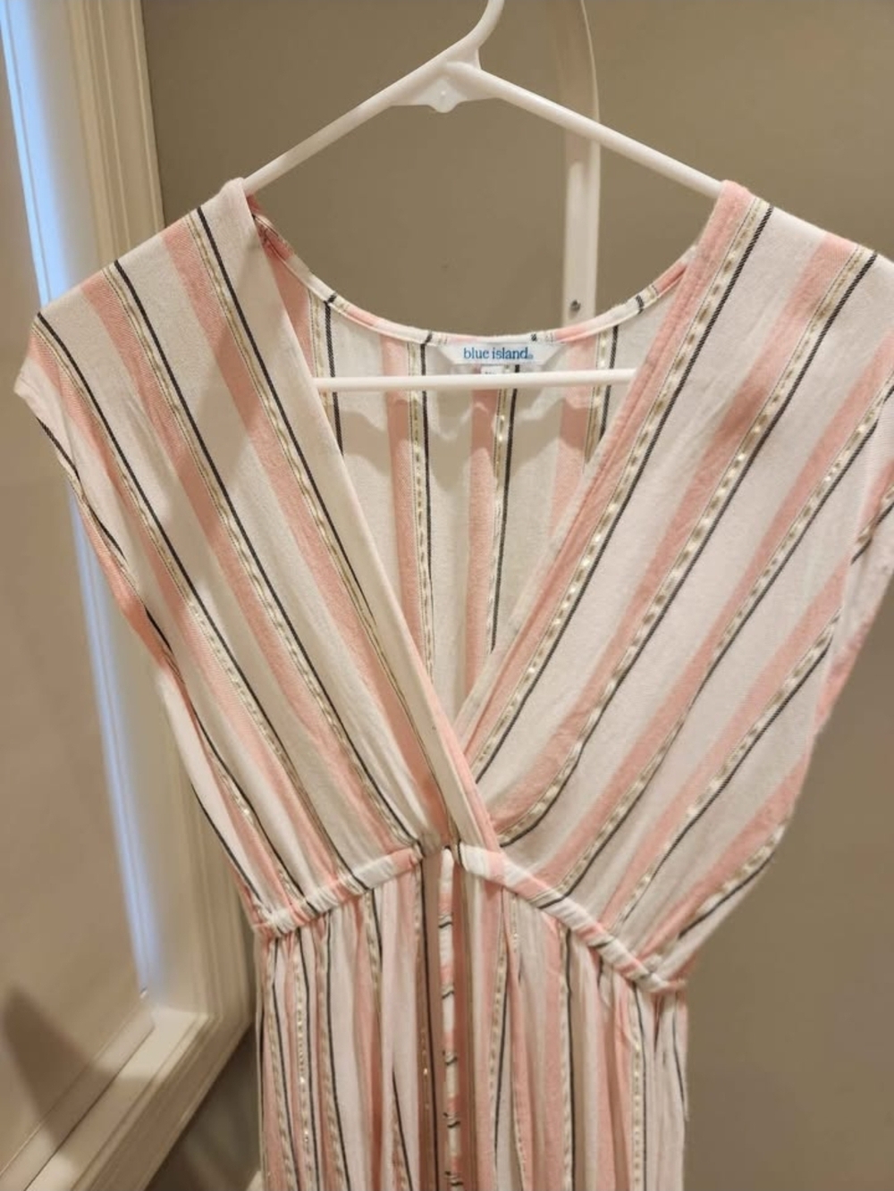Blue Island Pink, Gold, Blue Striped V-Neck Beach Summer  Dress or Cover Up XS